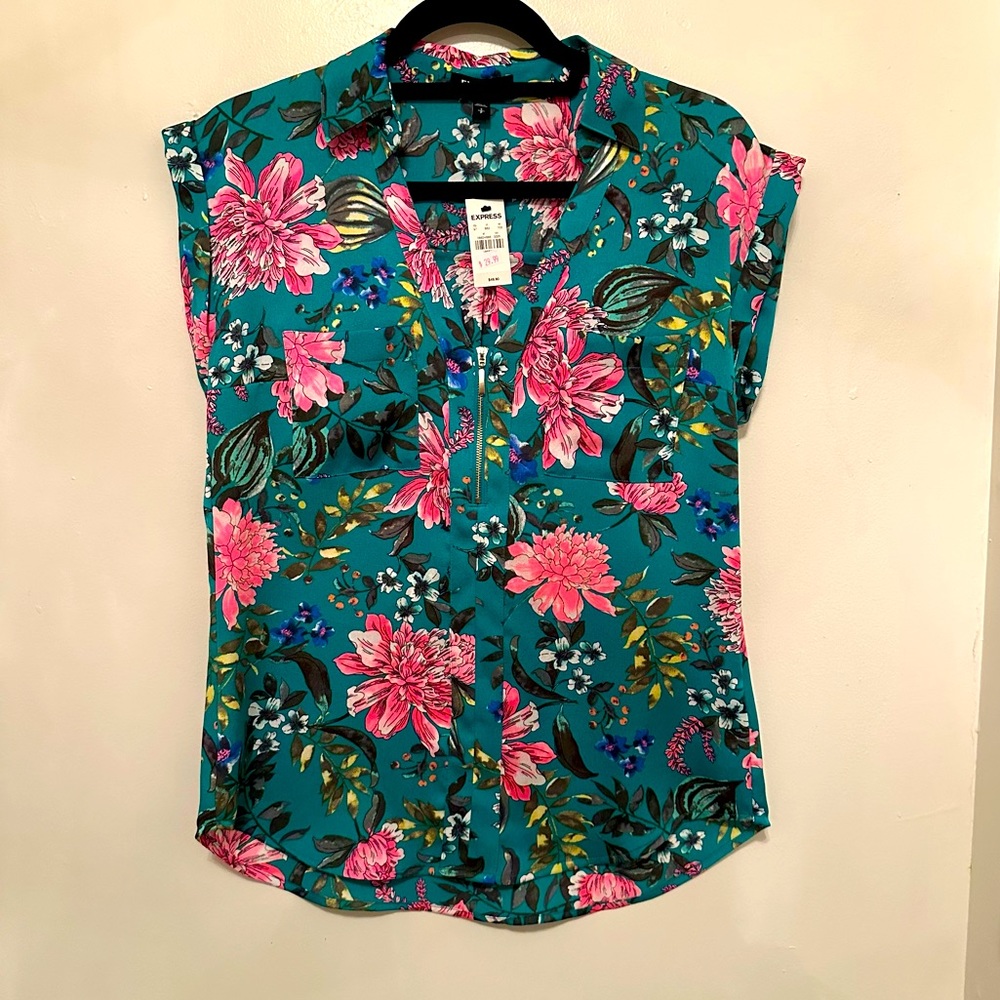 Express Teal Floral Cap-Sleeve Blouse with Pink Flowers